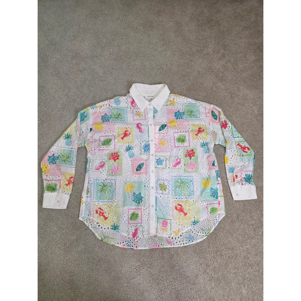 Taelynn Coastal Eyelet Button Down Shirt Multi Color Lobster Palm Linen blend L